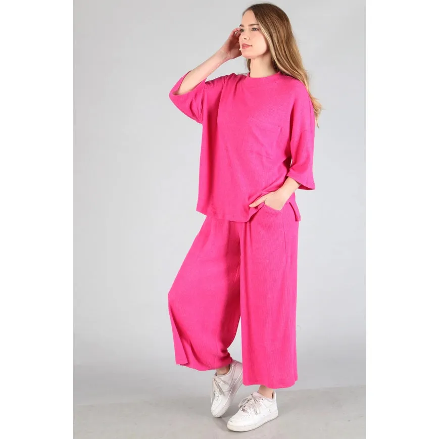 Plus - Brushed Wide Leg Pants Hot Pink