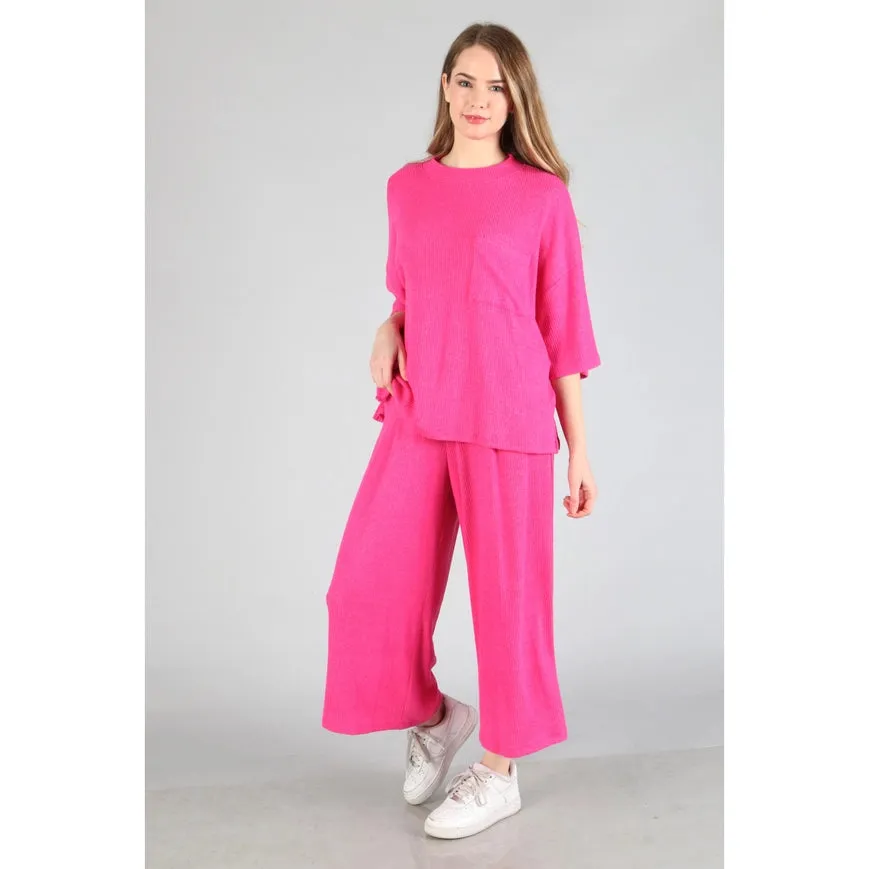 Plus - Brushed Wide Leg Pants Hot Pink