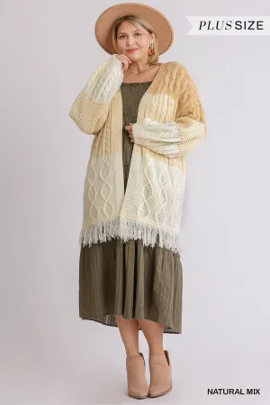 Plus Size Patchwork Knitted Open Front Cardigan Sweater With Frayed Hem