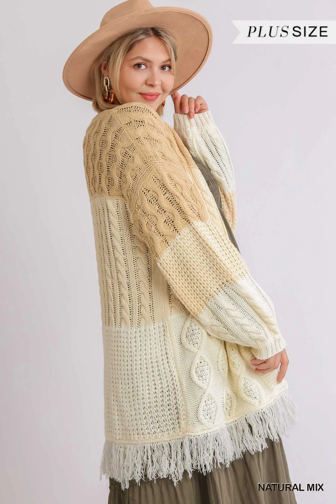 Plus Size Patchwork Knitted Open Front Cardigan Sweater With Frayed Hem