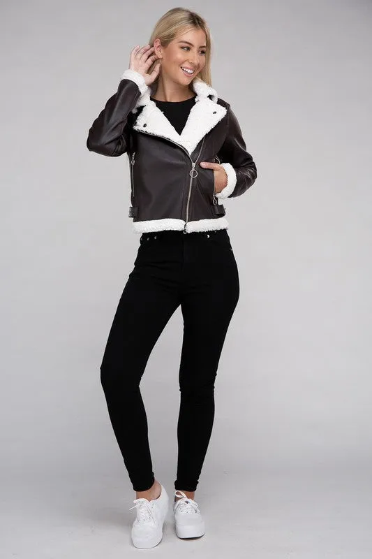 Plush Teddy Trimmed PU Jacket - online exclusive