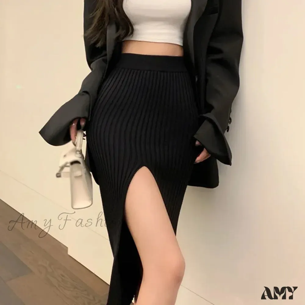 Sexy Split Slim-Fit Slimming Knitted Elegant Solid Color High Waist Elastic All-Match Simple Skirt