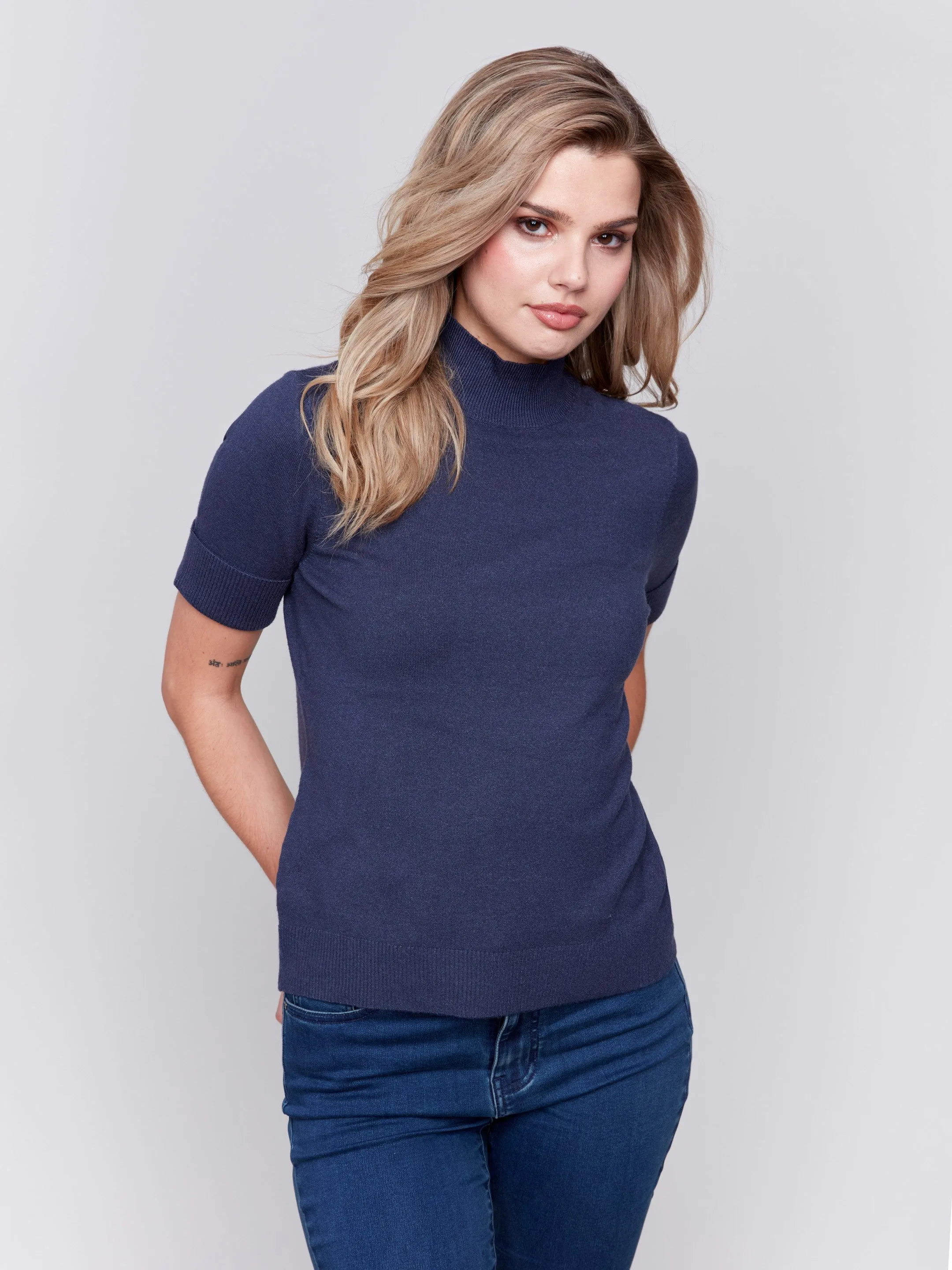 Short Sleeve Mock Neck Sweater - Denim - H-Denim