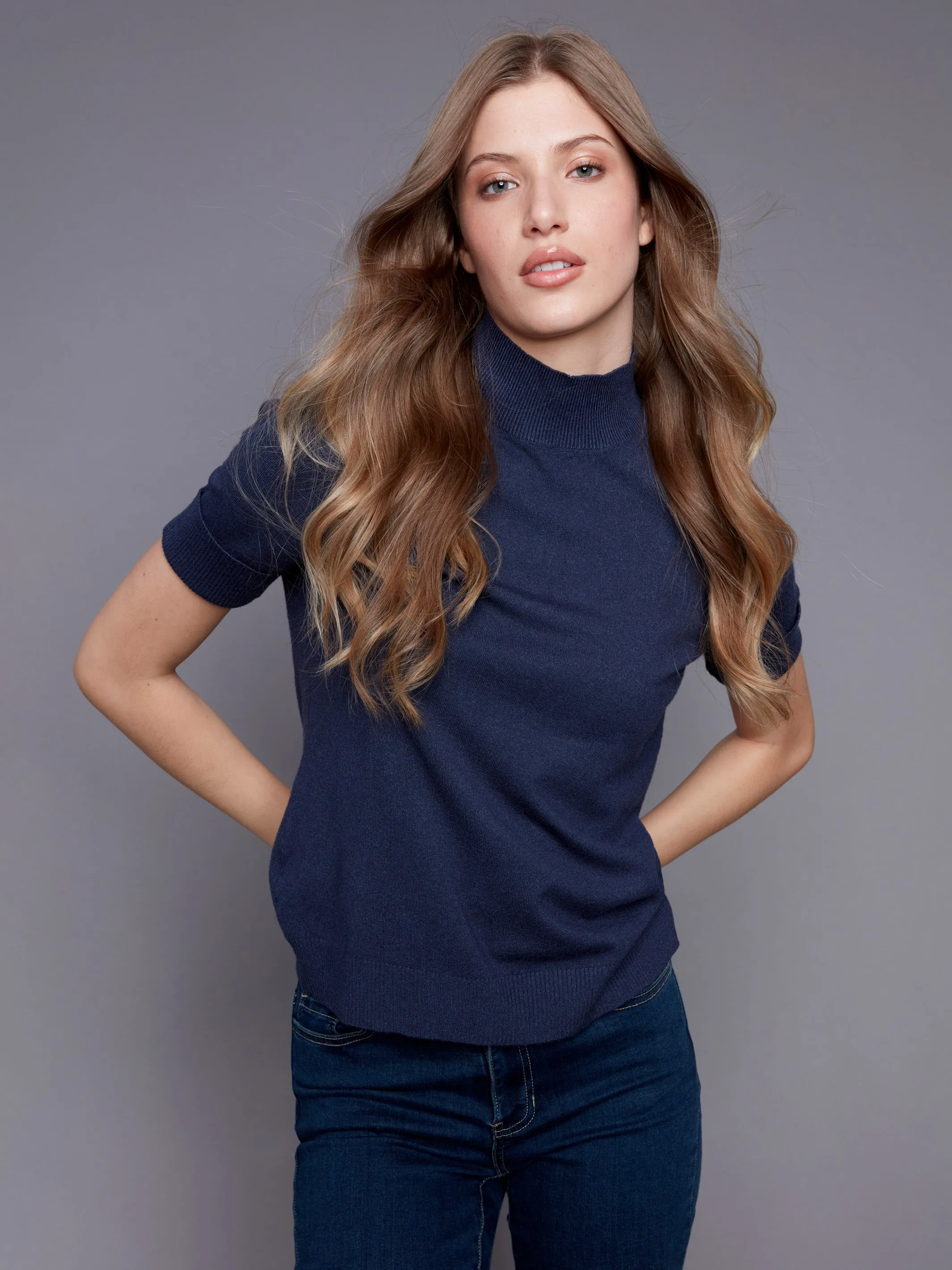 Short Sleeve Mock Neck Sweater - Denim - H-Denim