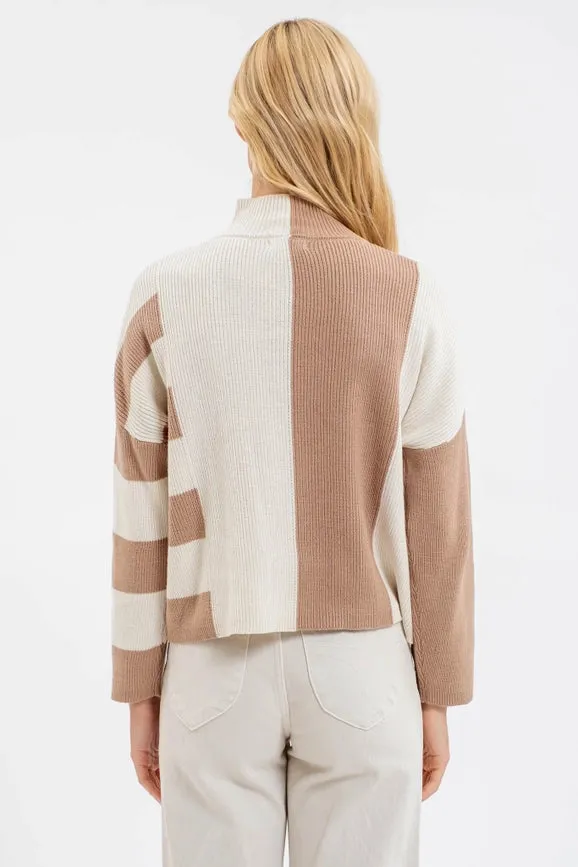 Stripe Colorblock Mock Neck Knit Sweater KHAKI