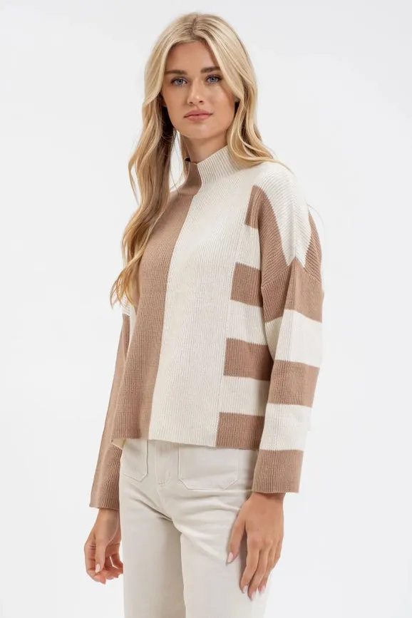 Stripe Colorblock Mock Neck Knit Sweater KHAKI