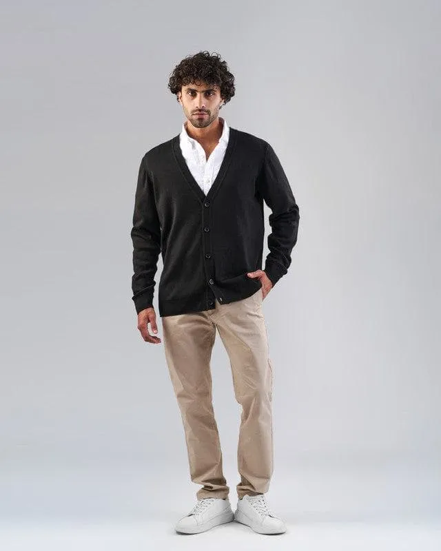 Textured Button-Up Cardigan    - BLACK