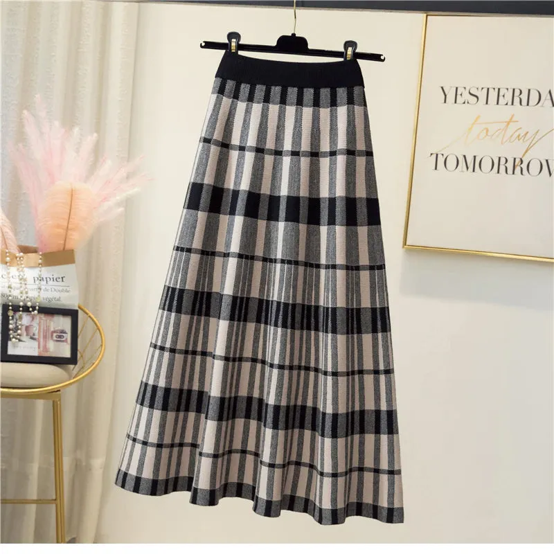 Vintage Knitted Plaid A-Line Mid Length Skirt