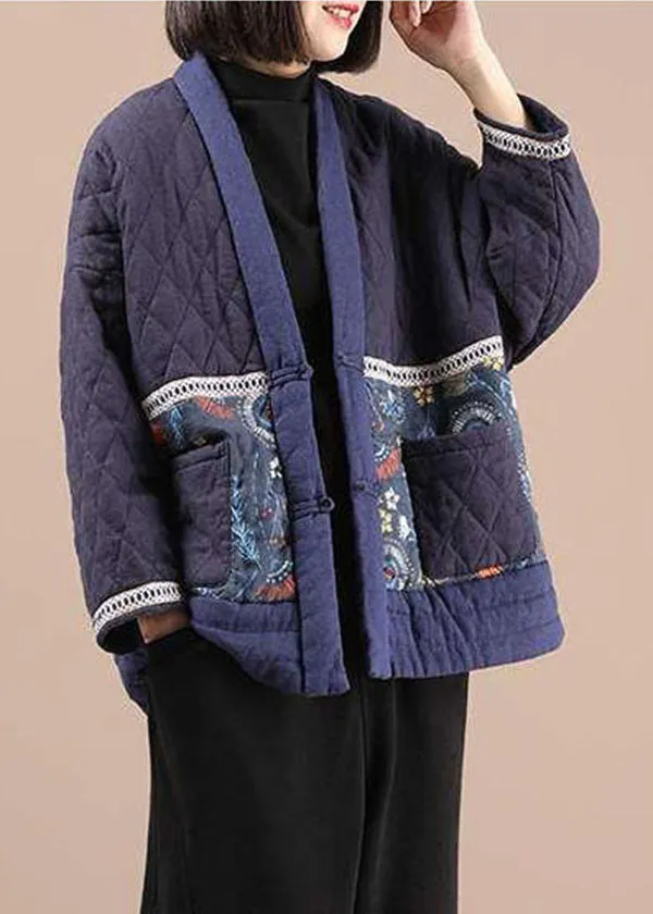 Vintage Purple V Neck Patchwork Print Fine Cotton Filled Parkas Winter