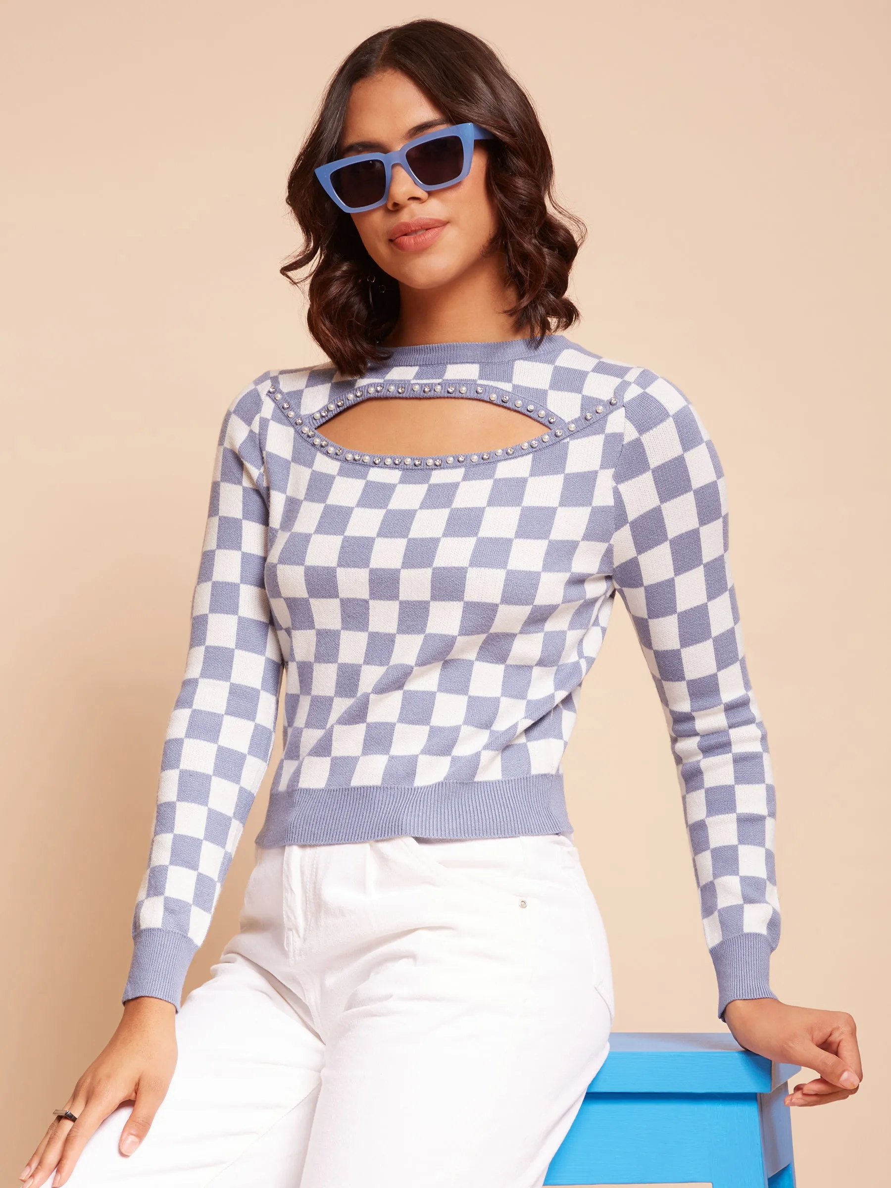 Women Asymmetric Neck Ribbed Hem Blue Jacquard Pullover