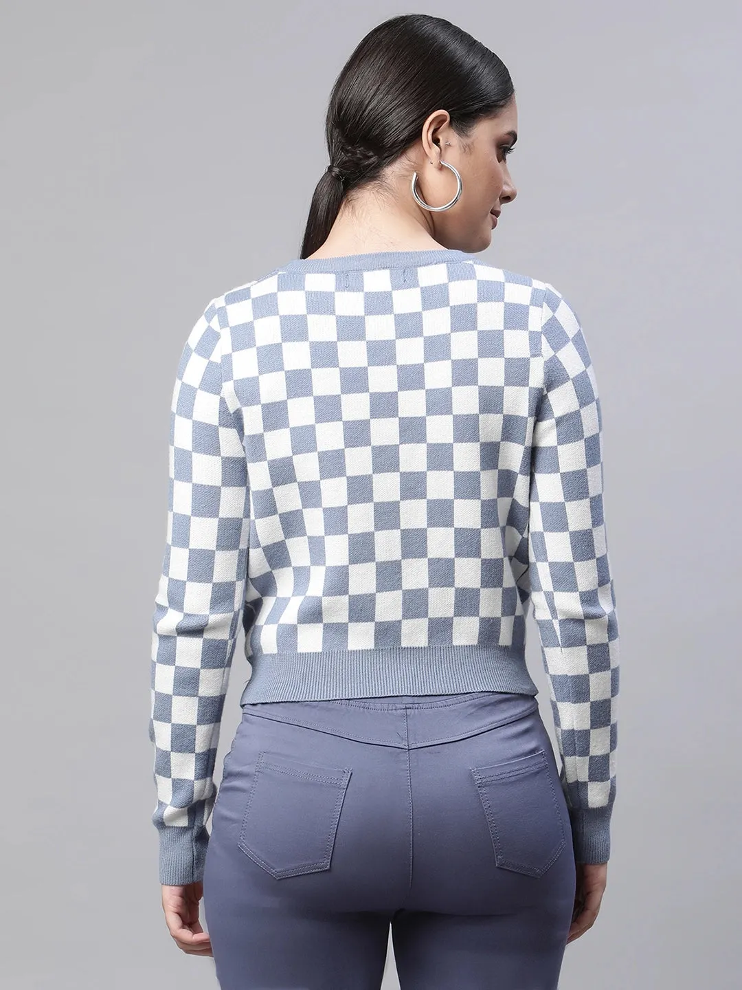 Women Asymmetric Neck Ribbed Hem Blue Jacquard Pullover