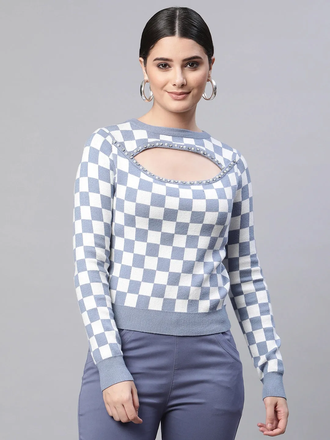 Women Asymmetric Neck Ribbed Hem Blue Jacquard Pullover