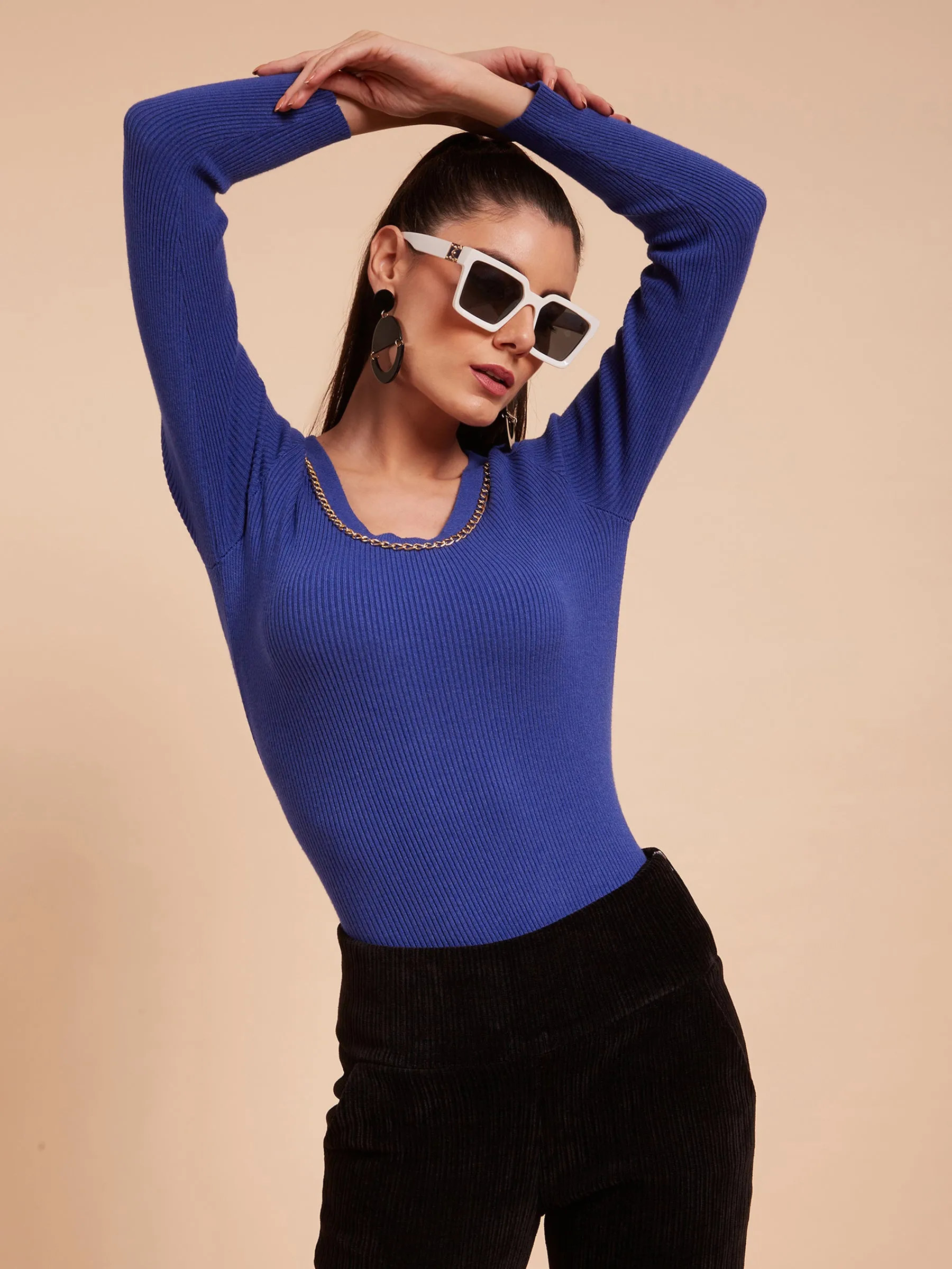 Women Round Neck Ribbed Hem Blue Slim Fit Knitted Pullover