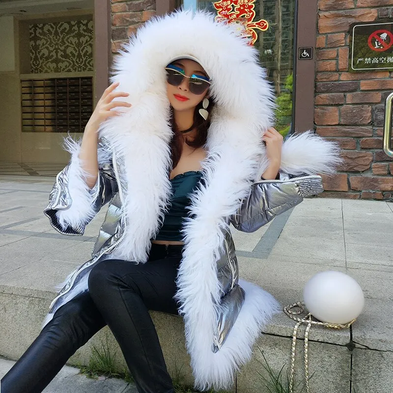 Women Winter Down Jacket Coat Long Warm Silver Parkas Mongolia Sheep Fur Duck Down