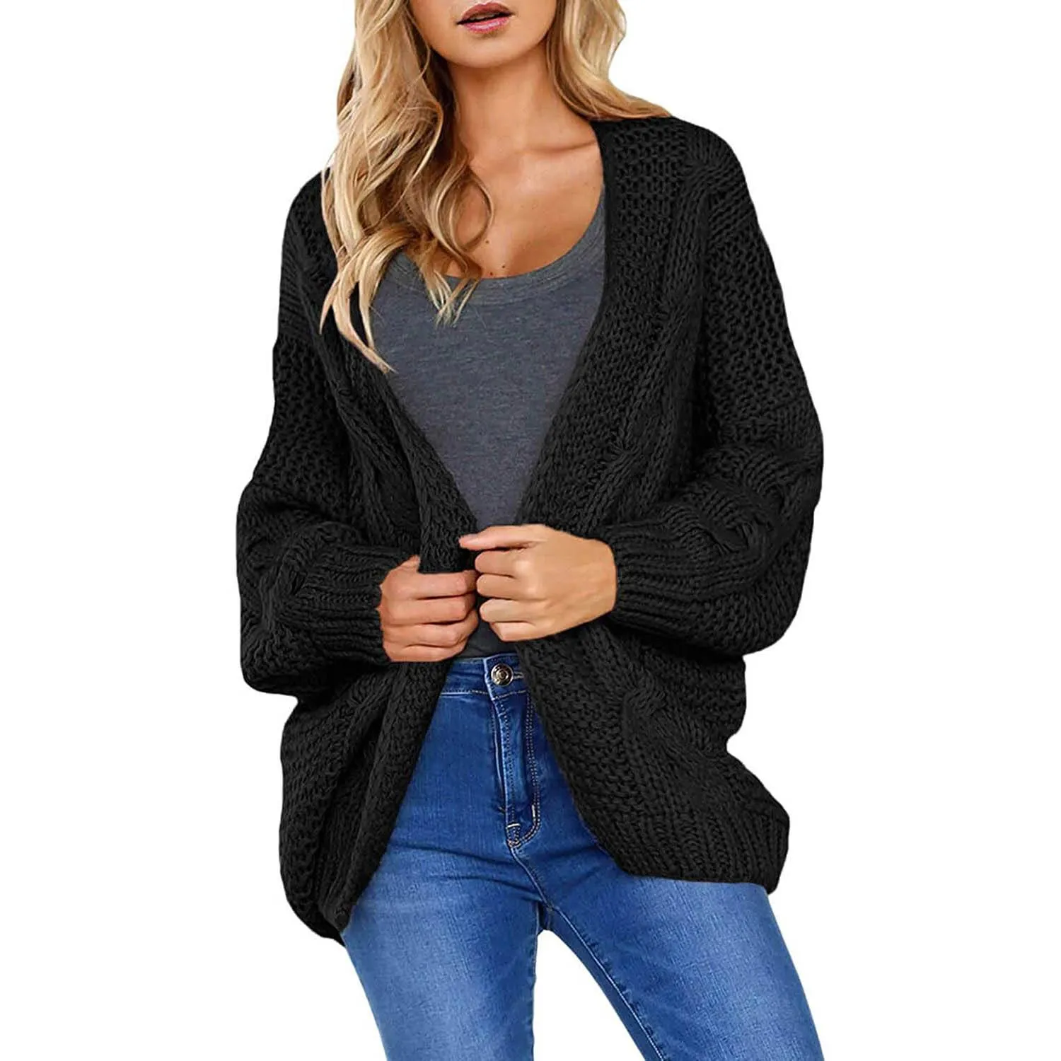 Womens Open Front Long Sleeve Chunky Knit Cardigan Sweaters Loose Outwear Coat