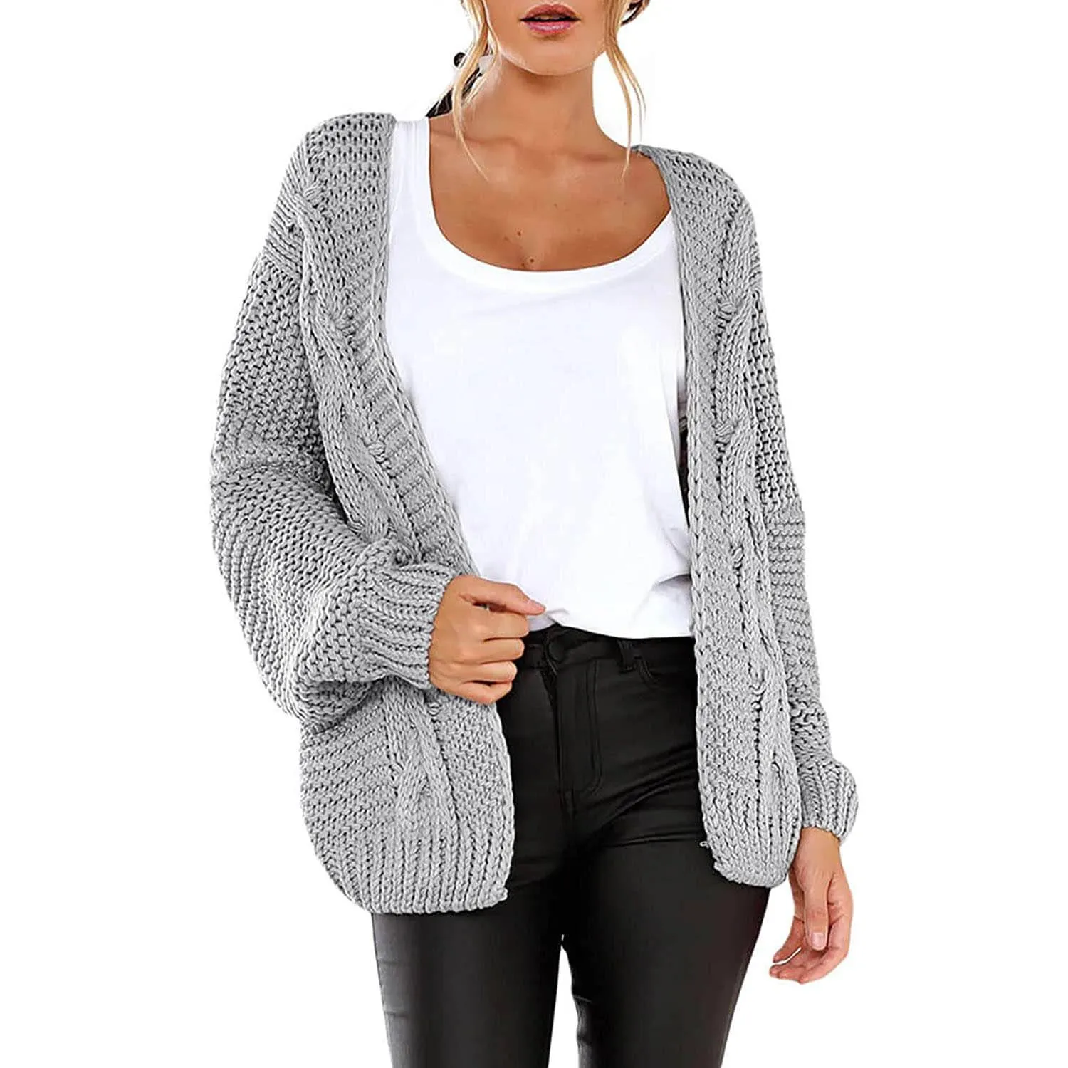 Womens Open Front Long Sleeve Chunky Knit Cardigan Sweaters Loose Outwear Coat